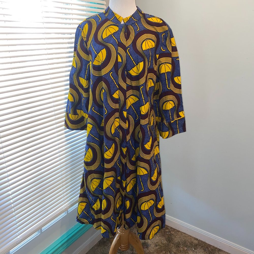 Zuri Kenya A-Line button front mid length cotton dress blue yellow umbrella XL